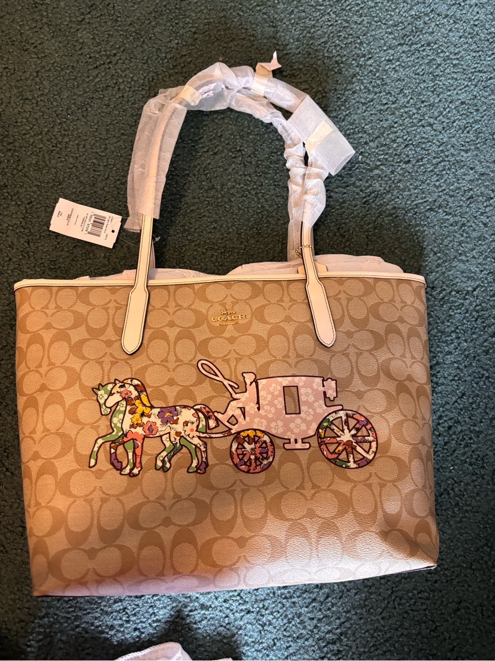 Coach Signature Canvas Tote with Floral Horse & Carriage Appliqué - Pink & Beige